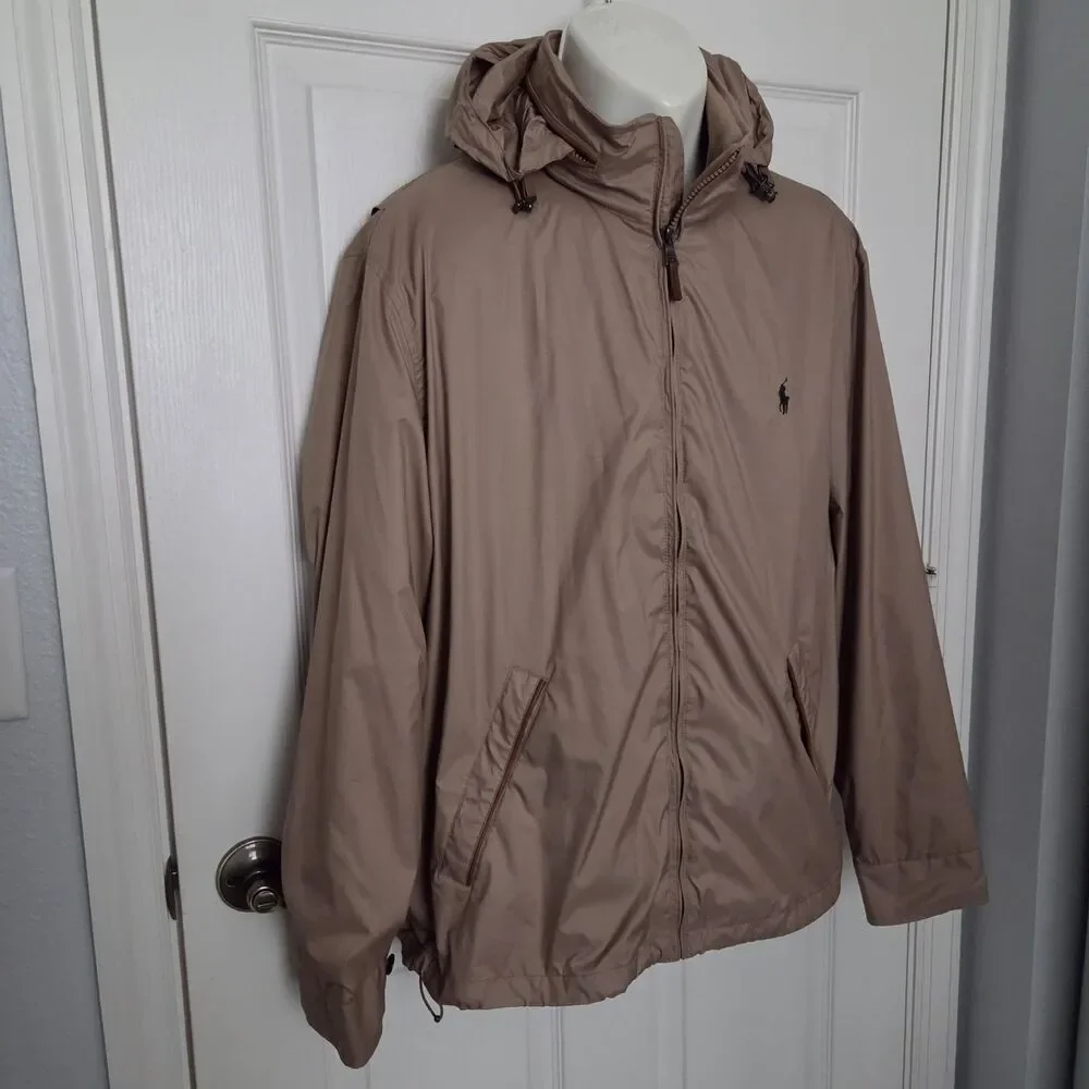 Polo Ralph Lauren Men's tan Windbreaker Jacket hooded lightweight Size L